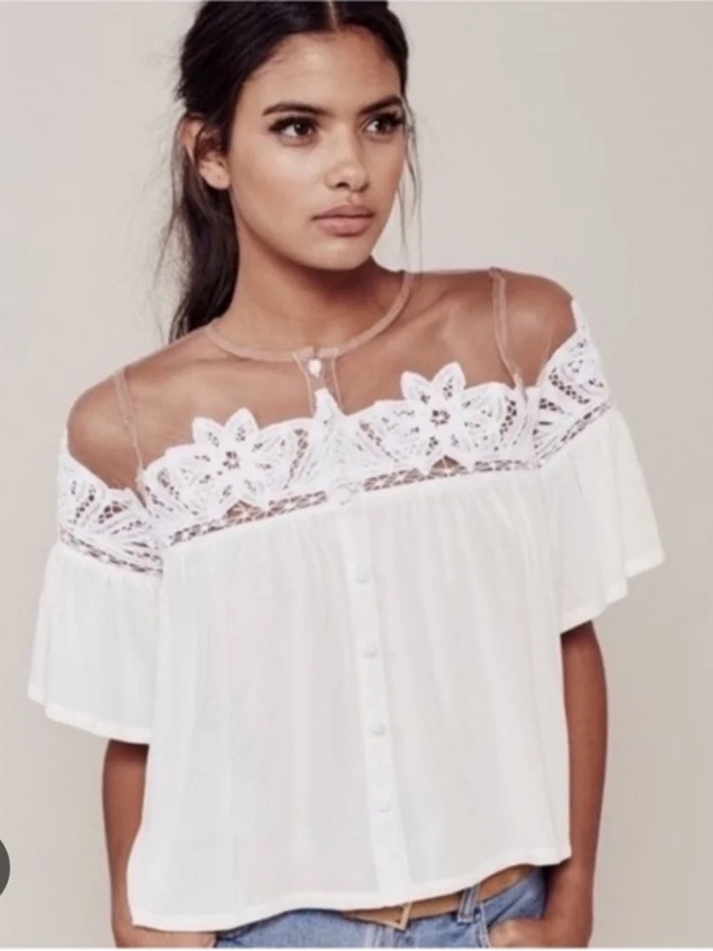 328. For Love & Lemons White Blouse with Tan Sheer Yoke & Crochet Trim NWT